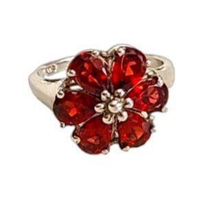 Gorgeous Vintage Boho Sterling Silver Red Crystal Flower Cocktail Ring Size 6